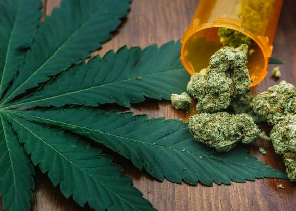 A tipped-over bottle of cannabis buds lying atop a cannabis leaf.