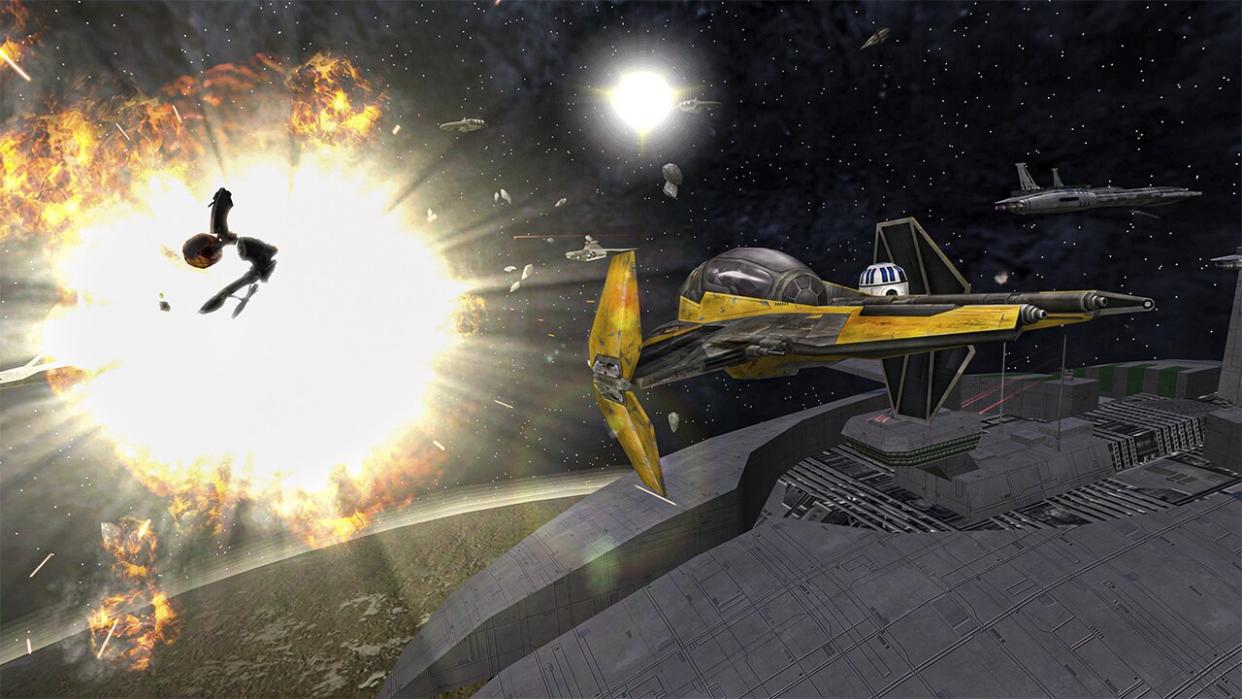  A wedge-shaped yellow spaceship zooms away from an explosion. 