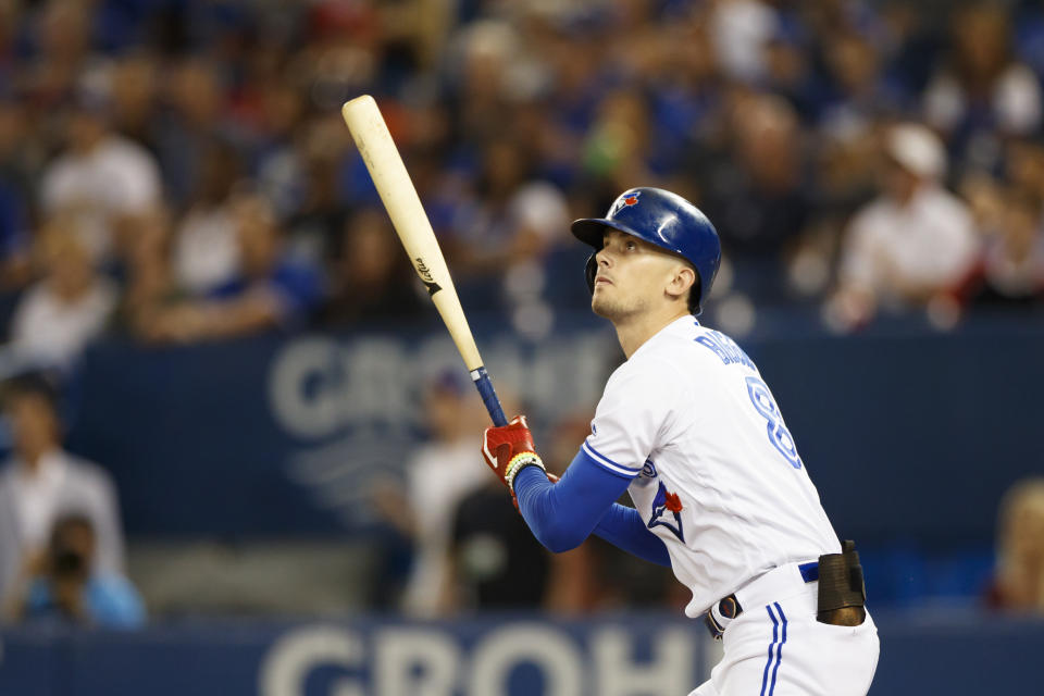 TORONTO, ON - SEPTEMBER 11: Cavan Biggio #8 of the Toronto Blue Jays watches a pop fly during the first inning of the MLB game against the Boston Red Sox at Rogers Centre on September 11, 2019 in Toronto, Canada. (Photo by Cole Burston/Getty Images)