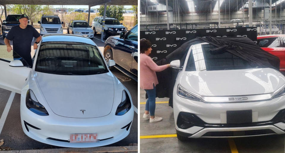 Ricky wiht his Tesla and his mother with her BYD