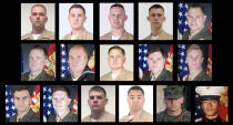 <p>Combination photo showing the 16 victims killed in a military plane crash in Mississippi. (From top left) Major Caine Goyette, Captain Sean Elliot, Gunnery Sergeant Brendan Johnson, Gunnery Sergeant Mark Hopkins, Staff Sergeant William Kundra, Staff Sergeant Robert Cox, Hospital Corpsman Second Class Ryan Lohrey, Sergeant Joshua Snowden, Sergeant Talon Leach, Sergeant Dietrich Schmieman, Sergeant Joseph Murray, Sergeant Chad Jenson, Sergeant Owen Lennon, Sergeant Julian Kevianne, Corporal Collin Schaaff, Corporal Daniel Baldassare. (Photos: U.S. Marine Corps) </p>