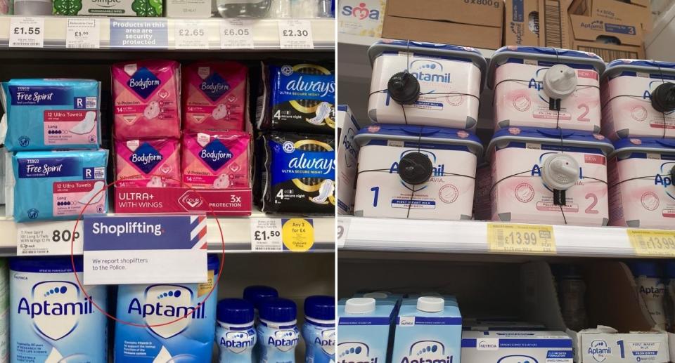 Period products with shoplifting warning; Baby formula products with security tags