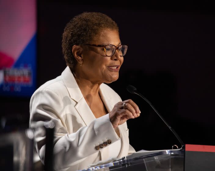 LOS ANGELES, CA - SEPTEMBER 21: Congresswoman Karen faces businessman Rick Caruso during the mayoral debates at the Skirball Cultural Center on Wednesday, Sept. 21, 2022 in Los Angeles, CA. (Myung J. Chun / Los Angeles Times)