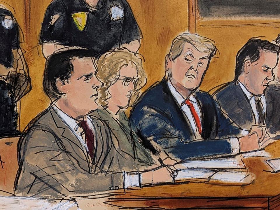 In a courtroom sketch, Donald Trump, accompanied by his legal counsel, looks at Assistant District Attorney Christopher Conroy during Trump's arraignment in New York.