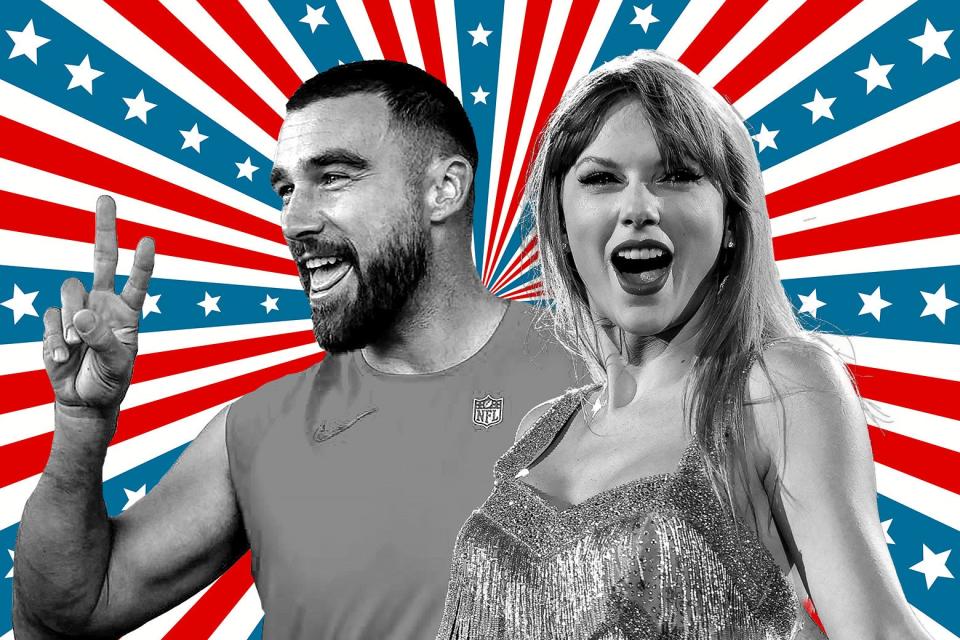 Travis Kelce and Taylor Swift face opposite directions against a backdrop of stars and stripes.