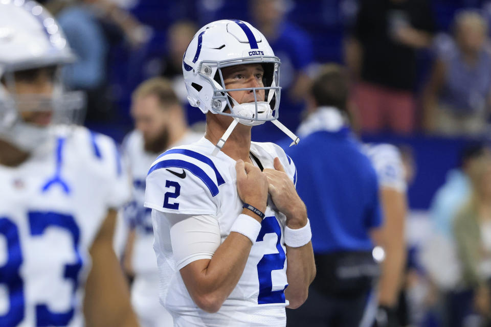 INDIANAPOLIS, INDIANA - AUGUST 20: Matt Ryan #2 of the Indianapolis Colts on the field before the preseason game against the Detroit Lions at Lucas Oil Stadium on August 20, 2022 in Indianapolis, Indiana. (Photo by Justin Casterline/Getty Images)