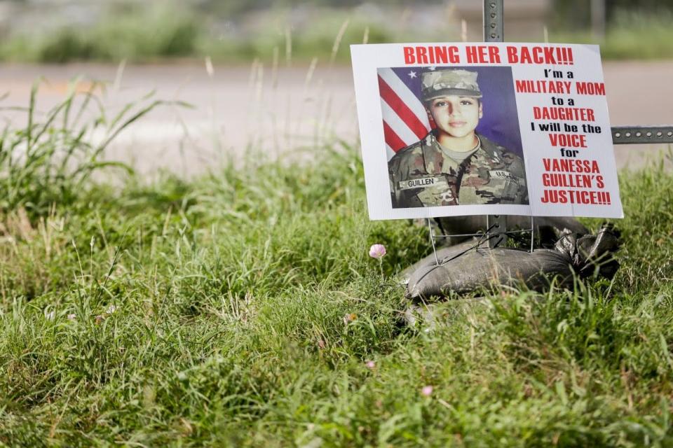 A sign pictures an image of Spc. Vanessa Guillen at the intersection of I-35 Frontage Road and Texas State Highway 195 toward Killeen on Thursday, July 2, 2020. Guillen was last seen in the parking lot on the Fort Hood base on April 22. Investigators found unidentified human remains on June 30 about 20 miles away from the base that are being analyzed several days before the suspect, Aaron David Robinson, 20, killed himself when confronted in Killeen by police officers and federal marshals.   [BRONTE WITTPENN/AMERICAN-STATESMAN]