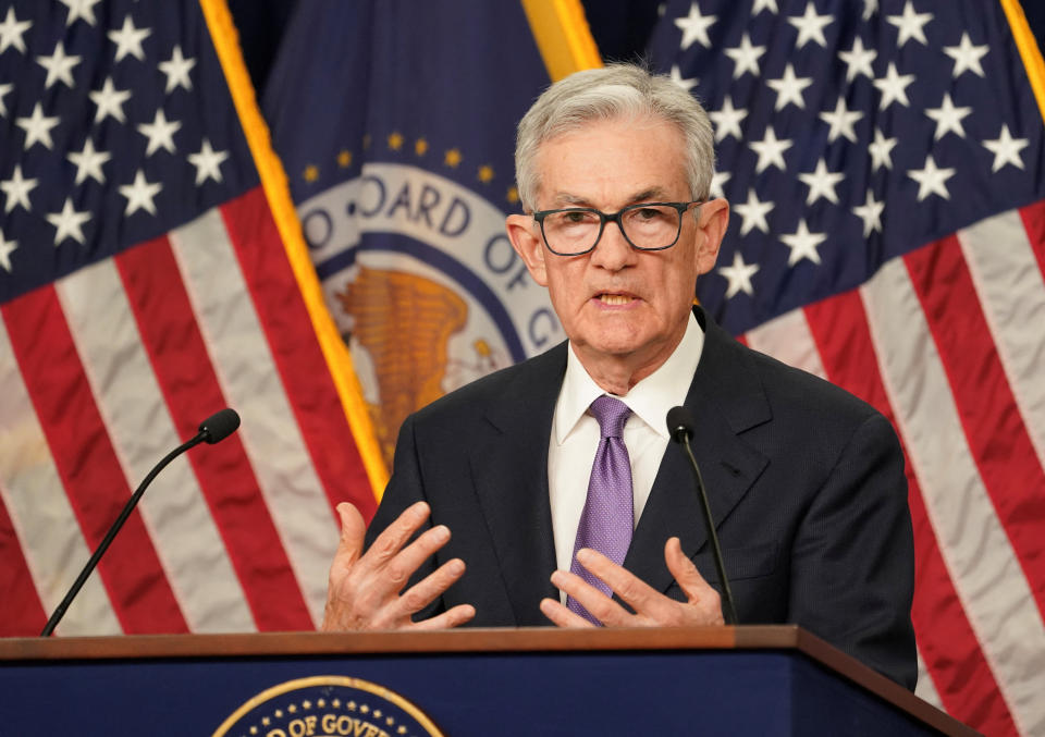 FILE PHOTO: Federal Reserve Board Chairman Jerome Powell speaks during a press conference following a closed two-day meeting of the Federal Open Market Committee on interest rate policy at the Federal Reserve in Washington, U.S., December 13, 2023. REUTERS/Kevin Lamarque