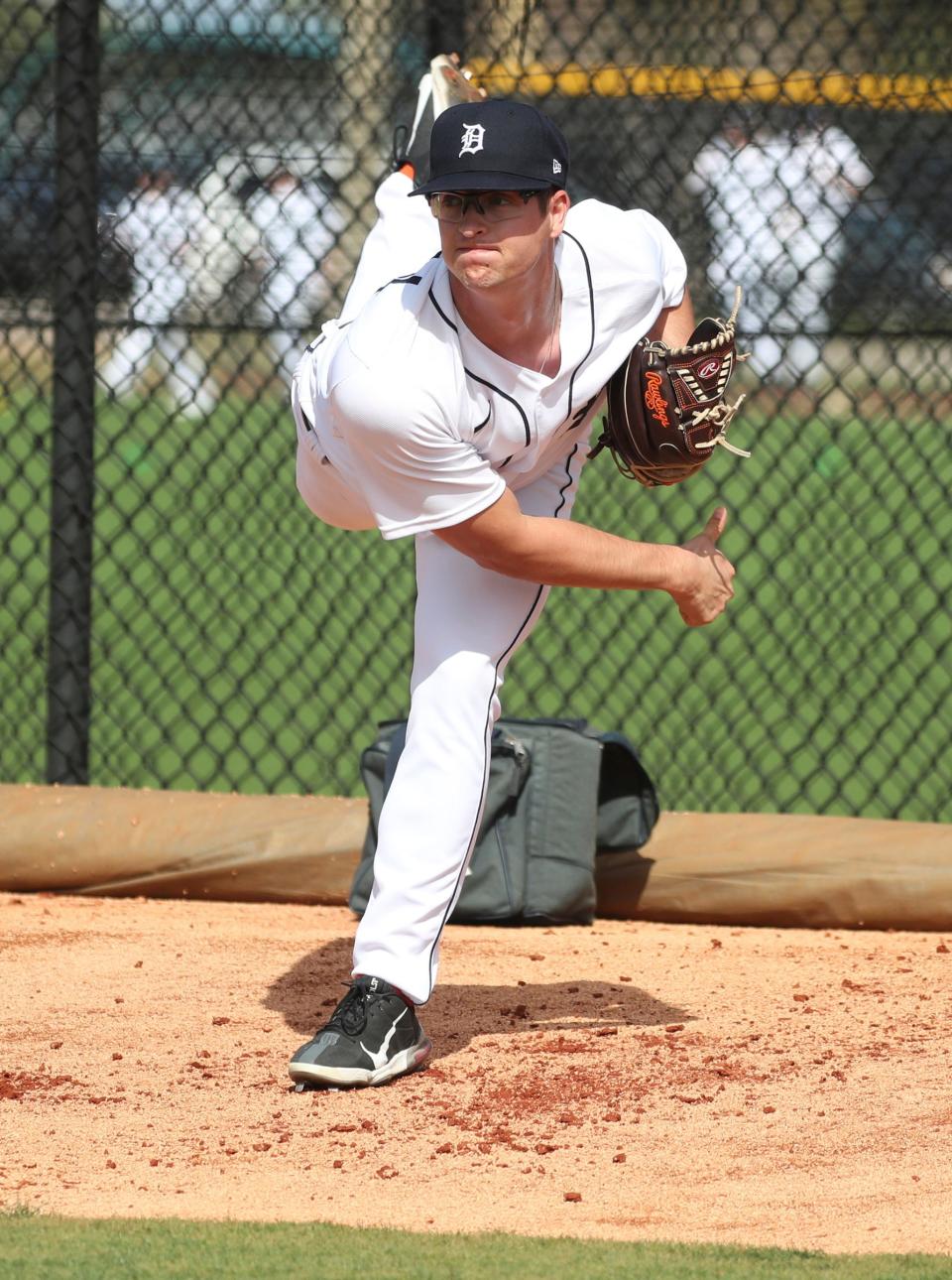 Tigers pitching prospect Garrett Hill throws during practice at the spring training minor league minicamp Thursday, Feb.17, 2022 at Tiger Town in Lakeland, Florida.