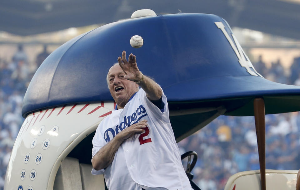 Tommy Lasorda threw out the first pitch before Game 3 of the 2018 World Series against the Boston Red Sox.