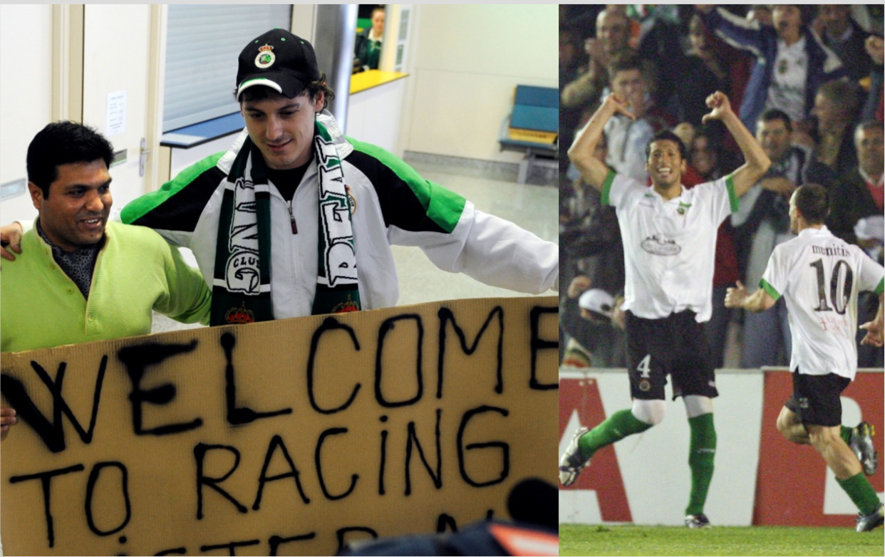 Un aficionado da la bienvenida a Ali Syed en 2011. (Derecha) Ezequiel Garay y Pedro Munitis celebran un gol del Racing. | Foto: Getty