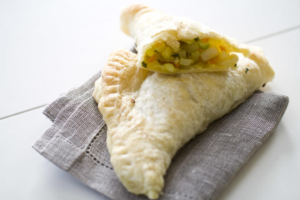 This Sept. 8, 2013 photo shows puffed curry potato pockets in Concord, N.H. (AP Photo/Matthew Mead)