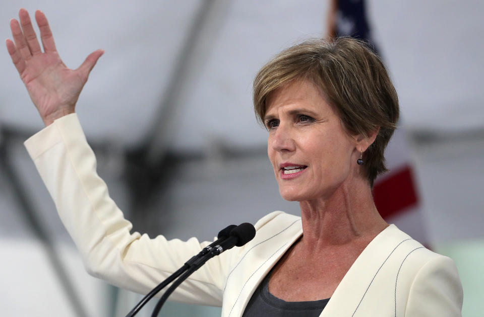 Former acting Attorney General Sally Yates refused to enforce Trump's muslim ban because she believed it was unconstitutional. She was fired for refusing. (Photo: Boston Globe via Getty Images)