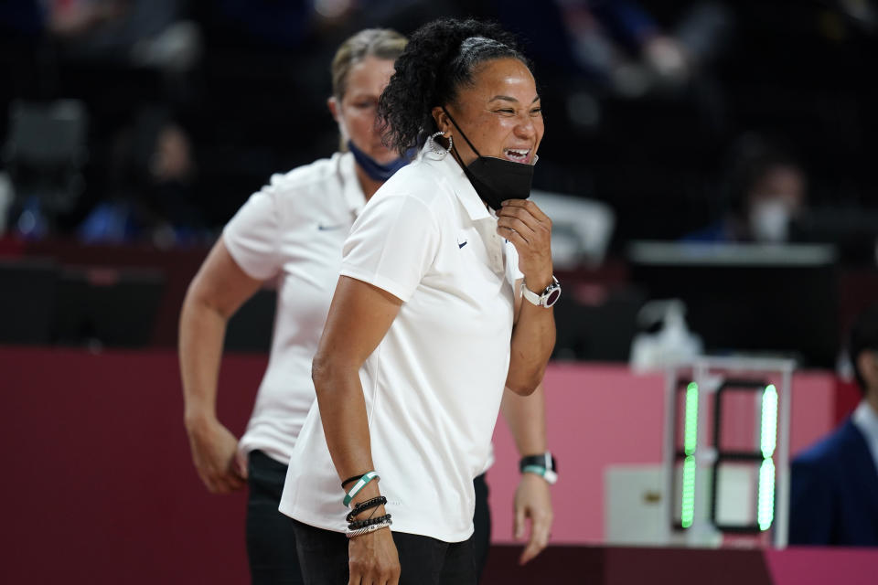 United States head coach Dawn Staley reacts during a women's basketball quarterfinal round game against Australia at the 2020 Summer Olympics, Wednesday, Aug. 4, 2021, in Saitama, Japan. (AP Photo/Charlie Neibergall)