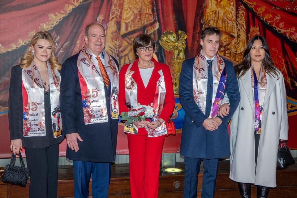 Camille Gottlieb, Prince Albert II of Monaco, Princess Stephanie of Monaco, Louis Ducruet and Marie Chevalier attend the photocall of the 45th International Circus Festival on January 20, 2023 in Monaco, Monaco.