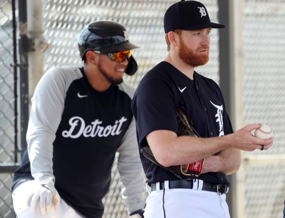 Tigers pitcher Spencer Turnbull watches live batting practice during Detroit Tigers spring training on Wednesday, March 16, 2022, at TigerTown in Lakeland, Florida.