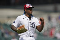 Detroit Tigers relief pitcher Gregory Soto celebrates the final out in the ninth inning of a baseball game against the Cleveland Guardians in Detroit, Monday, July 4, 2022. (AP Photo/Paul Sancya)