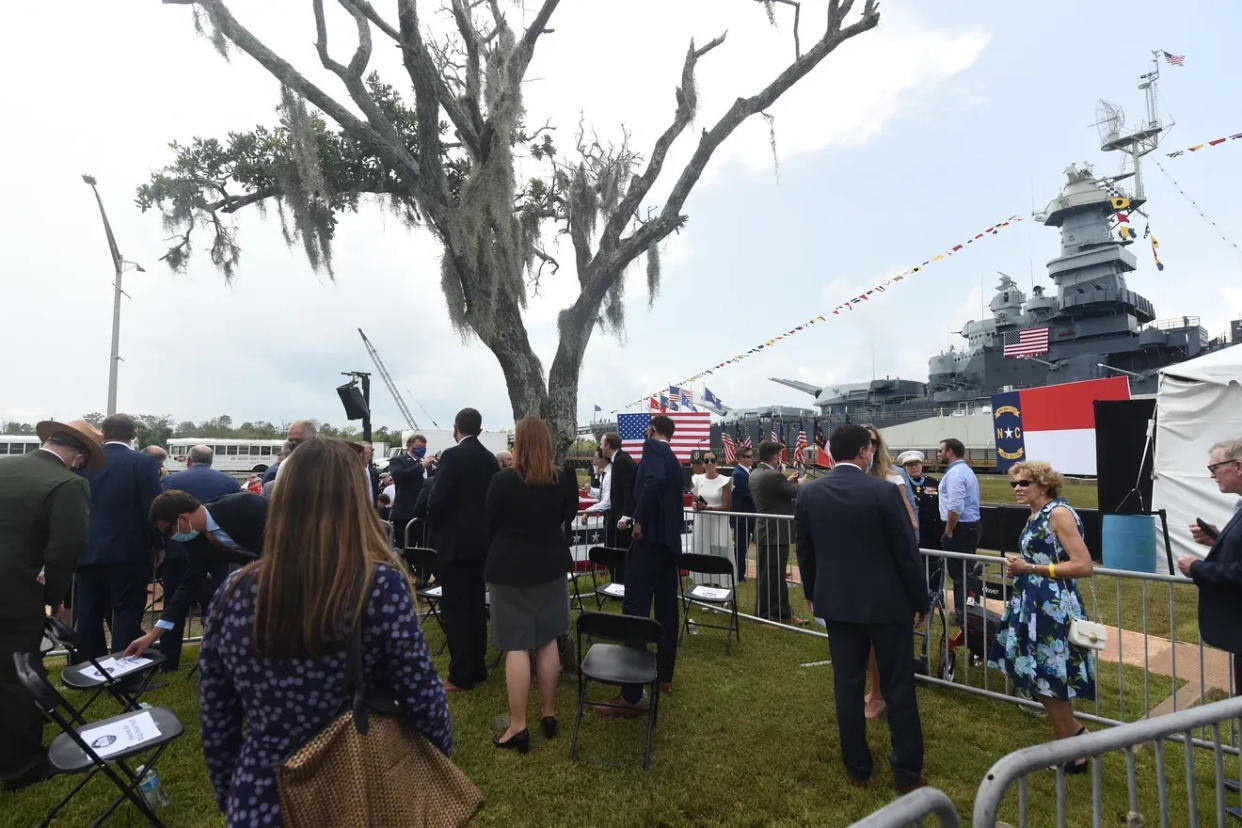 A StarNews file photo from 2020 shows the scene as President Donald J. Trump speaks at the USS Battleship North Carolina in Wilmington, N.C. Trump came in town to declare Wilmington the first World War II Heritage City as part of commemorating the 75th anniversary of the end of World War II in 1945.