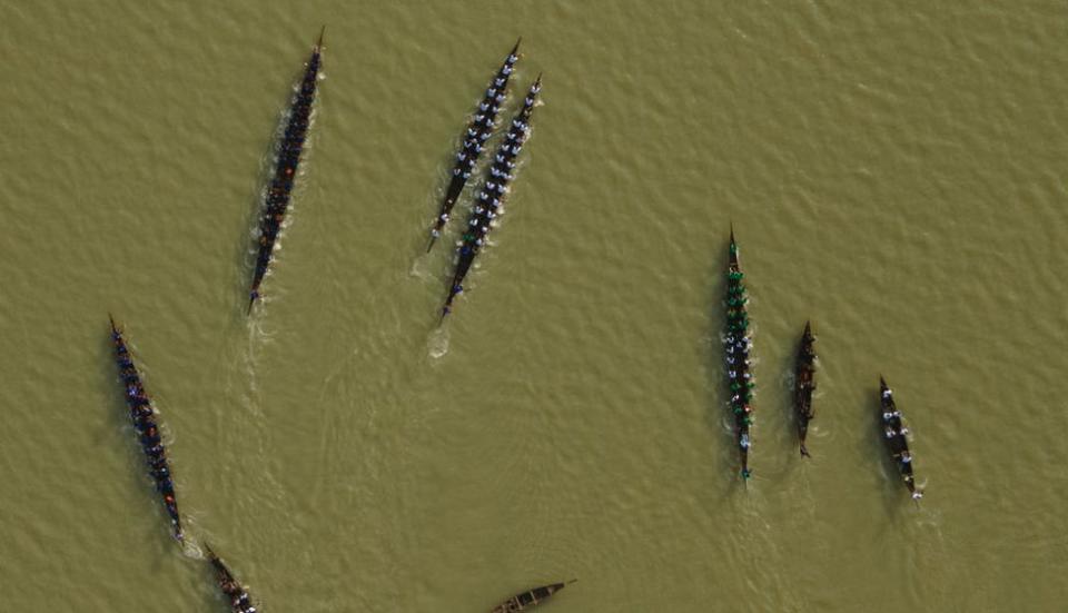 This aerial images show pirogues racing during a traditional canoe race at the Ogobagna cultural festival in Bamako on January 26, 2024. Due to persistent instability in the central region of the country, the Dogons annually organise a festival in Bamako called Ogobagna to share and showcase their cultural and ancestral traditions.