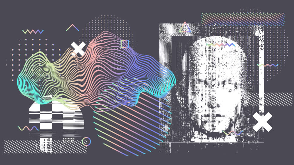  Holographic silhouette of a human. Conceptual image of AI (artificial intelligence), VR (virtual reality), Deep Learning and Face recognition systems. Cyberpunk style vector illustration. 