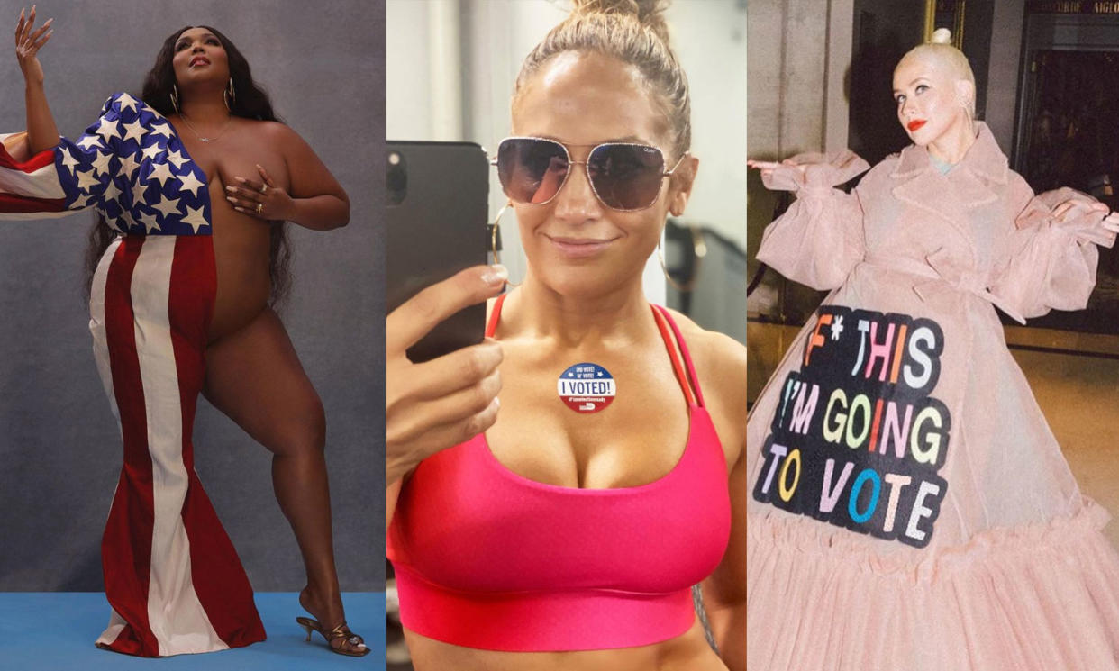 Jennifer Lopez, Lizzo and Christina Aguilera all showed off their voting outfits on Instagram — and they were far from subtle. (Photos: Instagram)