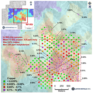 Map showing all rock sample locations on the Project and highlighting rock samples not previously disclosed with a larger symbol.  All copper grades greater than 0.2% copper are labelled.  The area defined by red square shows consistent copper mineralization over 1.5km x 1.5km extent.