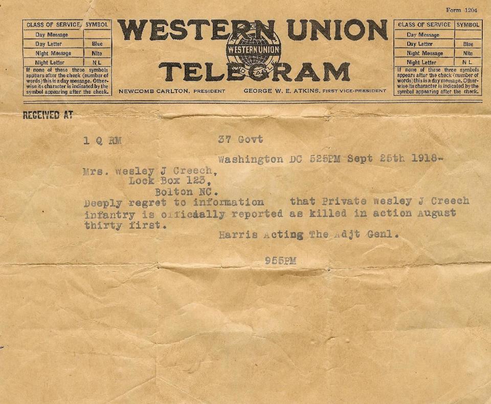 In this photo of a Western Union telegram from the collection of Patrick Lernout, dated Sept. 25, 1918 it informs the family of the death of American World War One soldier Wesley Creech. Creech served on the front line in Belgium when the American army was pushing the Germans back in 1918. In August 1918 he was killed by an enemy bullet in the head. On Wednesday, March 26, 2014, President Barack Obama will honor Creech and other Americans who died in a struggle so all-encompassing, so horrific, it simply became known as the Great War. (AP Photo)