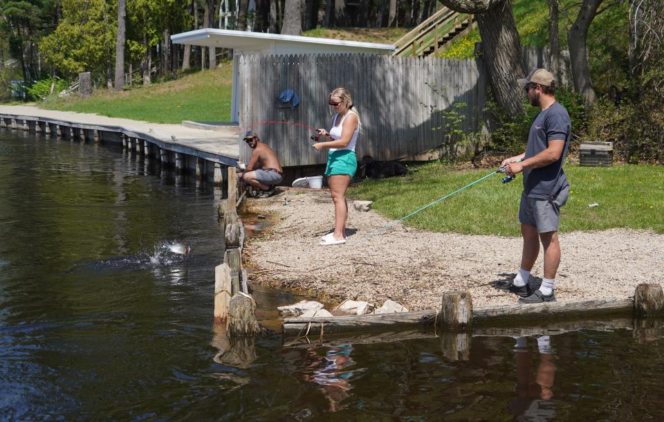 A white bass leaps as it is reeled in by Brittany Mares of Greenville on the Wolf River at Red Banks. One question posed to voters at the spring hearings is whether there should be a daily bag limit for the fish.