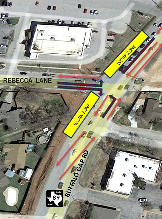 An illustration provided by the Texas Department of Transportation of the area at Buffalo Gap Road and Rebecca Lane Thursday. Traffic narrows once more south of Rebecca as construction continues on the FM 89 roadway.