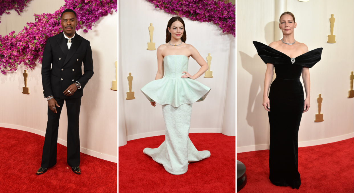 From left to right: Colman Domingo, Emma Stone and Sandra Huller attend the 2024 Oscars. (Getty Images)