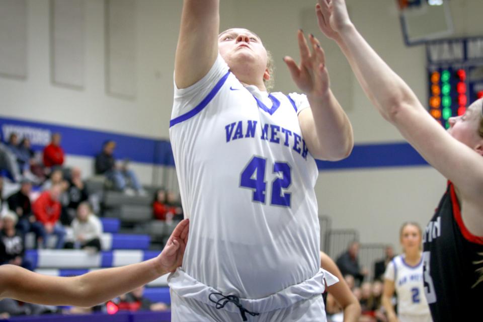 Lydia Thummel (42) lays in a shot on Monday, Feb. 5, 2024.