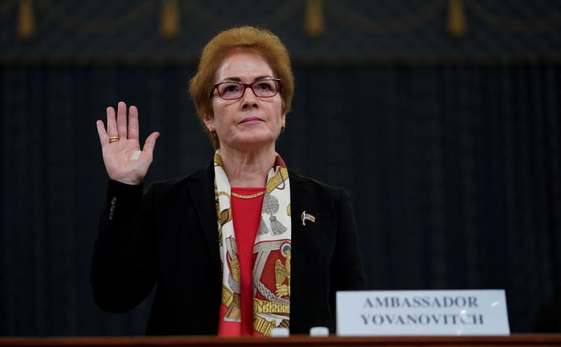 Former U.S. ambassador to Ukraine Yovanovitch is sworn in to testify before House Intelligence Committee hearing on Capitol Hill in Washington