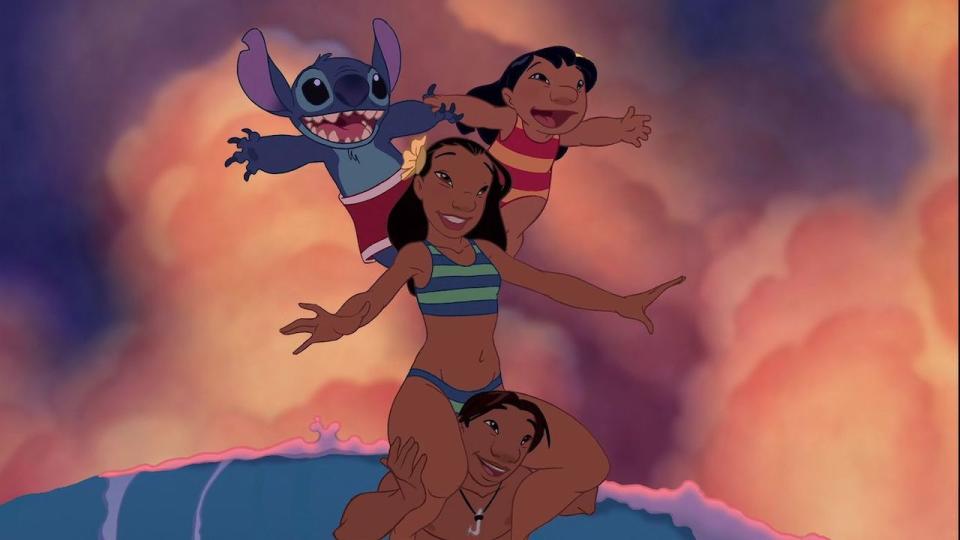 Lilo & Stitch surfing scene with Lilo, Stitch, Nani and David