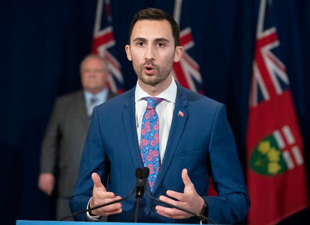 Education Minister Stephen Lecce answers questions at the daily briefing on COVID-19 at Queen's Park in Toronto on April 29, 2020.