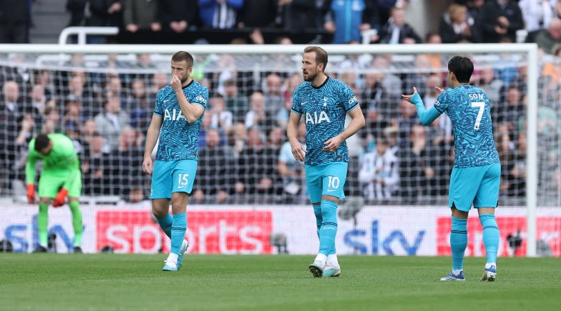 Tottenham players Harry Kane, Son Heung-min and Eric Dier look dejected after conceding in Spurs'  6-1 defeat at Newcastle in the Premier League in April 2023.