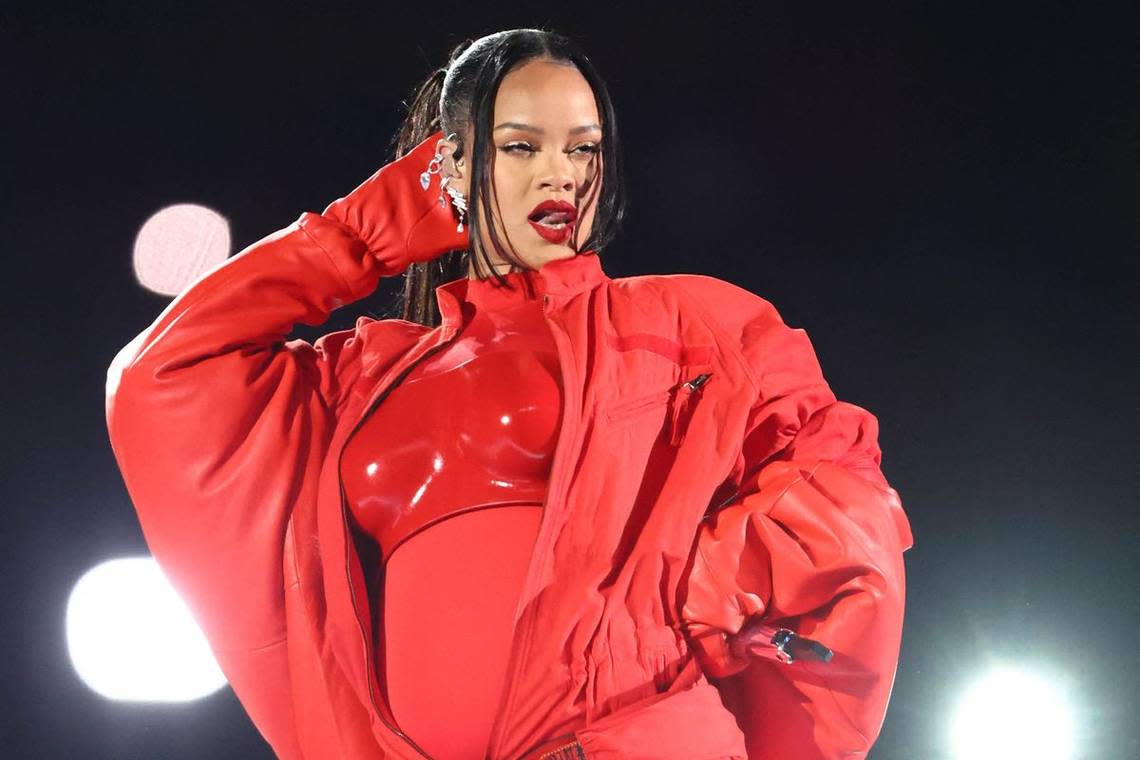 Rihanna performs during her 13-minute set at halftime of Sunday night’s Chiefs’ Super Bowl win over the Eagles in Glendale, Ariz.