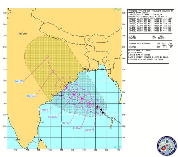 The projected path of Tropical Cyclone Phailin towards India as of 11:30 a.m. ET on Oct. 10, 2013.