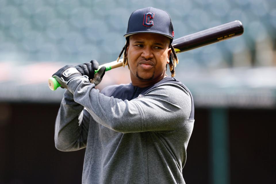 Guardians third baseman Jose Ramirez warms up before Cleveland's home opener against the Seattle Mariners, Friday, April 7, 2023.