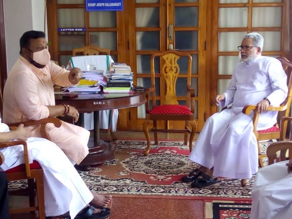 Suresh Gopi meets Pala Bishop Mar Joseph Kallarangatt. (Photo/ANI)