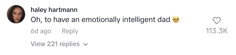 haley hartmann comments: "Oh, to have an emotionally intelligent dad ?" with a heart icon and 113.3K likes