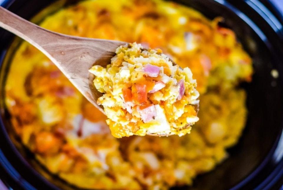 <p>Julie's Eats and Treats</p><p><strong>Get the recipe: <a href="https://www.julieseatsandtreats.com/crock-pot-tater-tot-egg-bake/" rel="nofollow noopener" target="_blank" data-ylk="slk:Crock Pot Tater Tot Egg Bake;elm:context_link;itc:0;sec:content-canvas" class="link ">Crock Pot Tater Tot Egg Bake</a></strong></p>