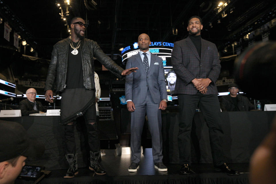 Deontay Wilder and Dominic Breazeale poses for the media during a press conference at Barclays Center on March 19, 2019 in the Brooklyn borough of New York City. (Photo by Michael Owens/Getty Images)