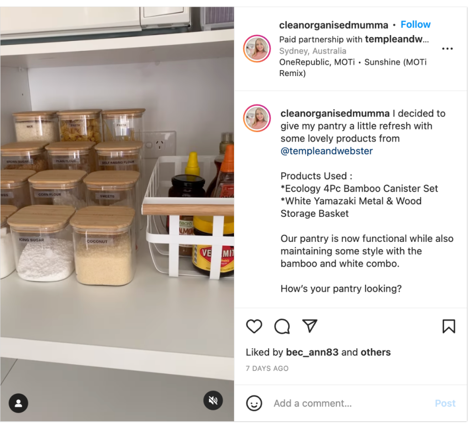 Screenshots from @cleanorganisedmumma's pantry organising video on Instagram showing shelving and transparent canisters organised by size and baskets of vegemite and other spreads.