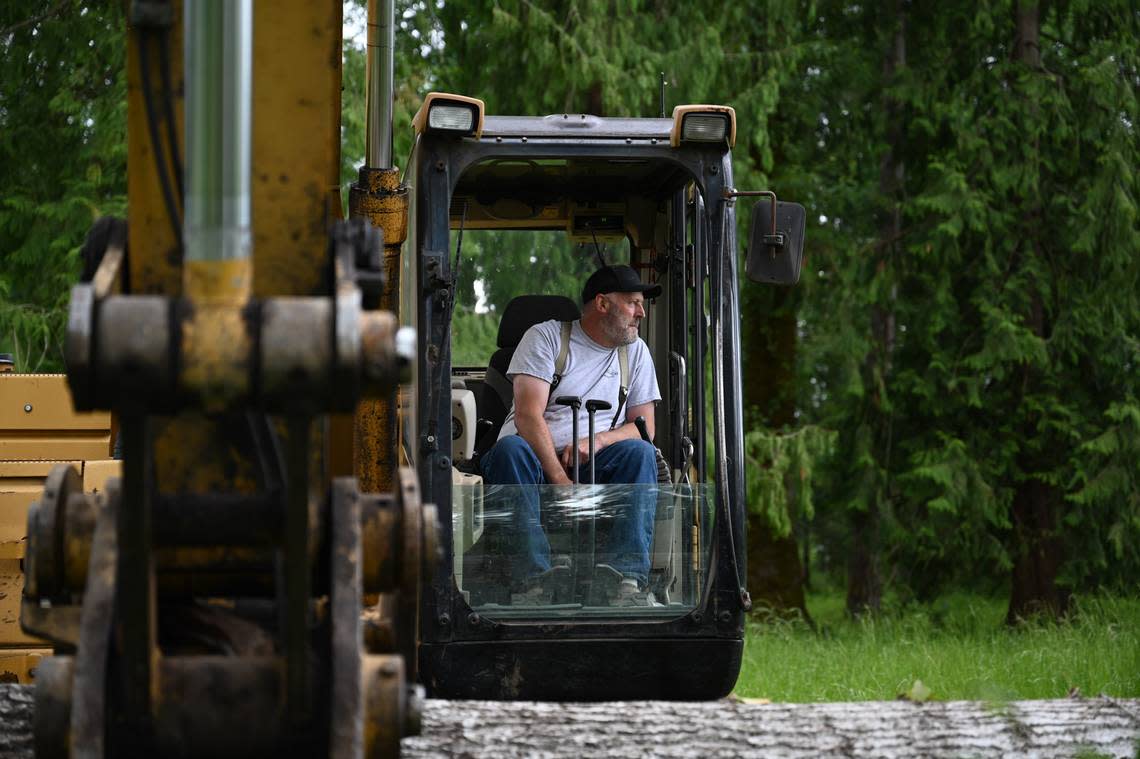 Dan Clarke, vice president of the Buckley Log Show, watches fellow committee members chop up a newly fallen tree into a log in preparation for the 50th anniversary Buckley Log Show on Thursday, June 27, 2024 in Buckley.