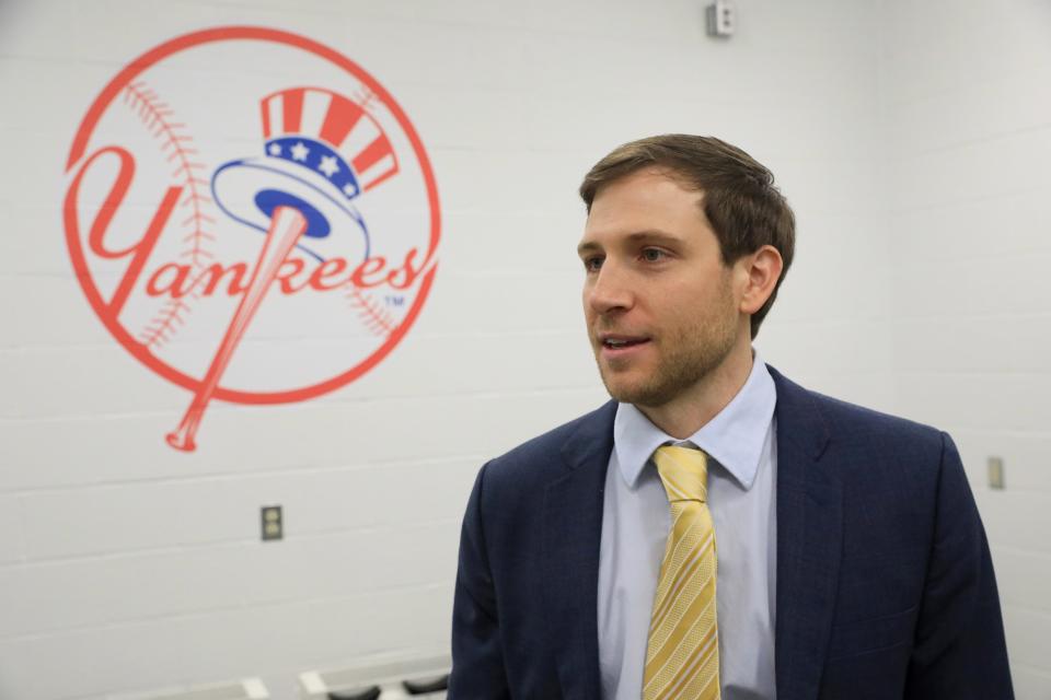 Hudson Valley Renegades general manager Tyson Jeffers speaks during a press conference on March 21, 2023. Dutchess Stadium has been renamed Heritage Financial Park. 