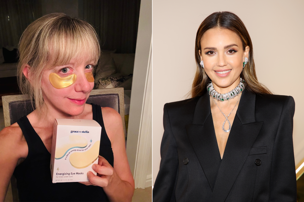 blonde woman with gold under-eye masks holding box and Jessica Alba in black blazer