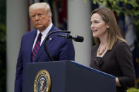 Judge Amy Coney Barrett speaks after President Donald Trump announced Barrett as his nominee to the Supreme Court, in the Rose Garden at the White House, Saturday, Sept. 26, 2020, in Washington. (AP Photo/Alex Brandon)