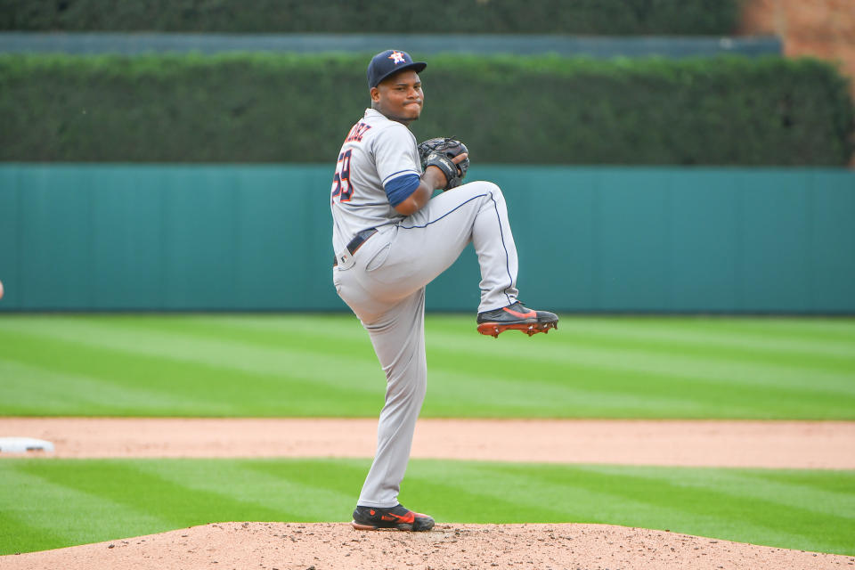 DETROIT, MI - JUNE 25: Houston Astros starting pitcher Framber Valdez (59) pitches during the Detroit Tigers versus the Houston Astros game on Friday June 25, 2021 at Comerica Park in Detroit, MI. (Photo by Steven King/Icon Sportswire via Getty Images)