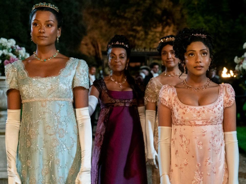 Simone Ashley as Kate Sharma, Adjoa Andoh as Lady Danbury, Shelley Conn as Mary Sharma, and Charithra Chandran as Edwina Sharma in season two of ‘Bridgerton' (LIAM DANIEL/NETFLIX)