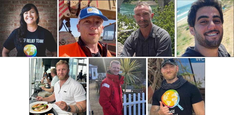 Relief and security team members of World Central Kitchen (Top L To R) Australian Lalzawmi (Zomi) Frankcom, Polish Damian Sobol, British James Kirby, Palestinian Saifeddin Issam Ayad Abutaha, (bottom L to R) British James (Jim) Henderson, British John Chapman, and US-Canadian Jacob Flickinger, at undisclosed locations.